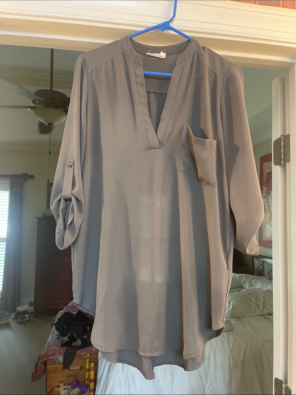 Women's V-Neck Blouse with Roll-Tab Sleeves